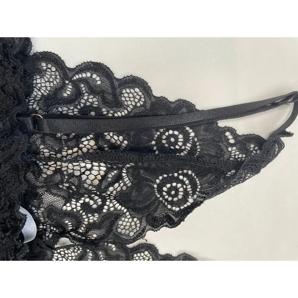 Women's Sheer Black Lace Bralette Sexy Lingerie‎ Deep V Cropped Top Boho Small
